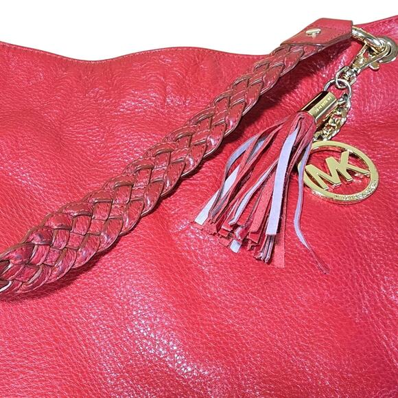 Michael Kors Cherry Red Pebbled Hobo Bag Braided strap Handle Gold Hardware - Picture 4 of 8